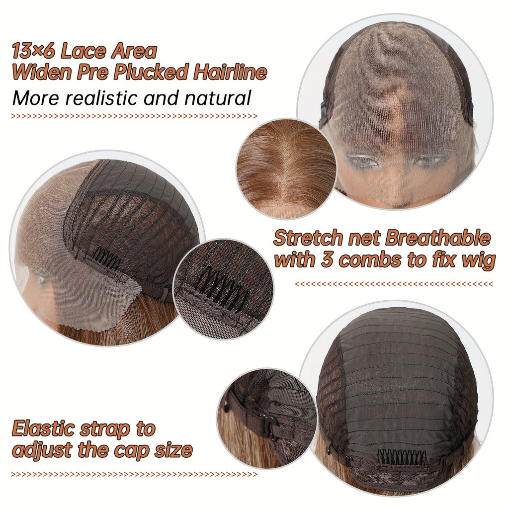 13x6 HD Transparent Lace Front Wig 22Inch Brown Color Straight Hair Synthetic Lace Wig Glueless Lace Wig High Temperature Chemical Fiber Daily Wear&Christmas&Music Festival&Party-Natural Look & Comfort Fit