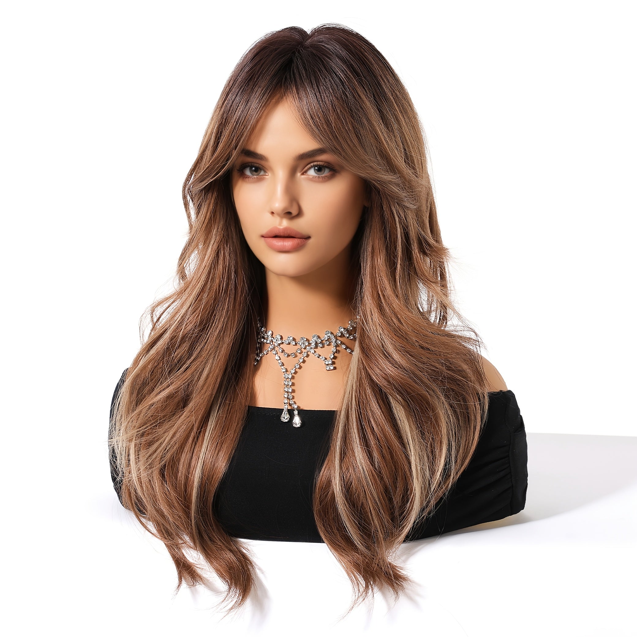 24-inch Women's Ombre Wig with Bangs - Coffee Brown to Lighter Brown\u002FBlonde Layers, Curly Wave Synthetic Hair Suitable for Daily Wear, Parties, Cosplay & Special Events - Volume & Length