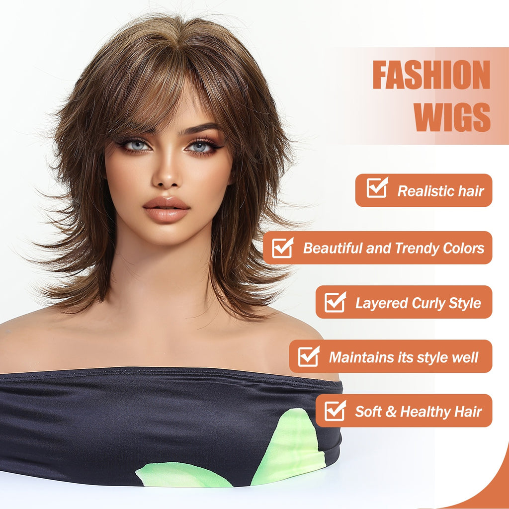 12-Inch Brown Mullet Short Wig with Bangs - Synthetic Fiber Rose Net Hair Suitable for Cosplay, Parties, Christmas Events - -Looking Short Cut & -Resistant Wig