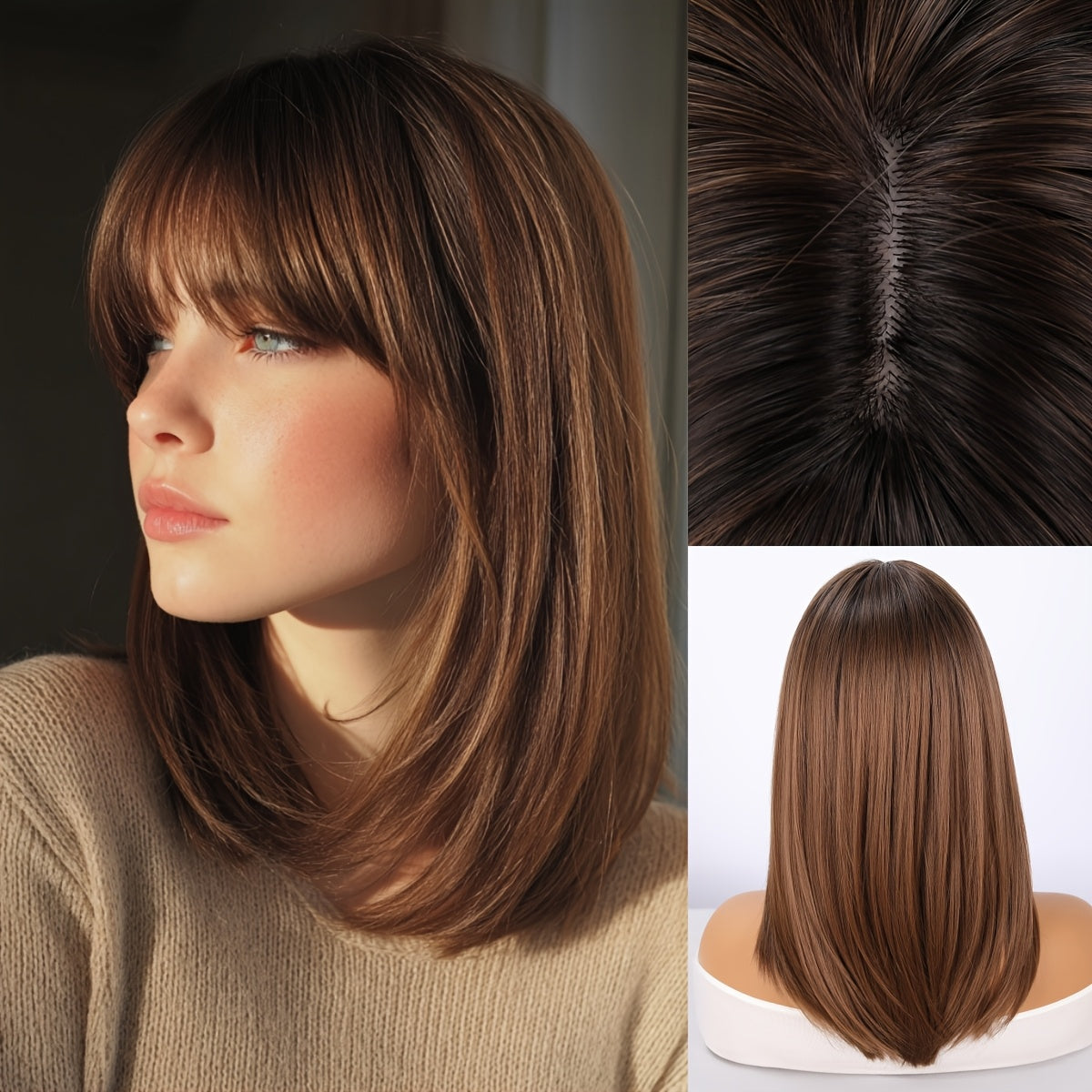 18 Inch Women'S Fashion Medium-Long Synthetic Wig with Bangs | Heat Resistant Adjustable Rose Net Cap, Perfect for All Occasions, High Temperature Fiber, Straight Hair, Brand: SMILCO