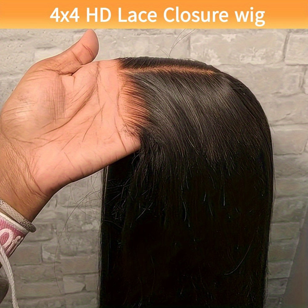 Glueless Human Hair Wig with 4x4 Lace Front & 4x4 Lace Closure - Preplucked Straight Hair Wigs Suitable for, Looking Hair System, No Glue Needed, Wear & Maintenance