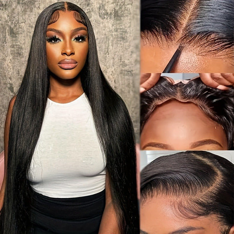 Glueless Human Hair Wig with 4x4 Lace Front & 4x4 Lace Closure - Preplucked Straight Hair Wigs Suitable for, Looking Hair System, No Glue Needed, Wear & Maintenance