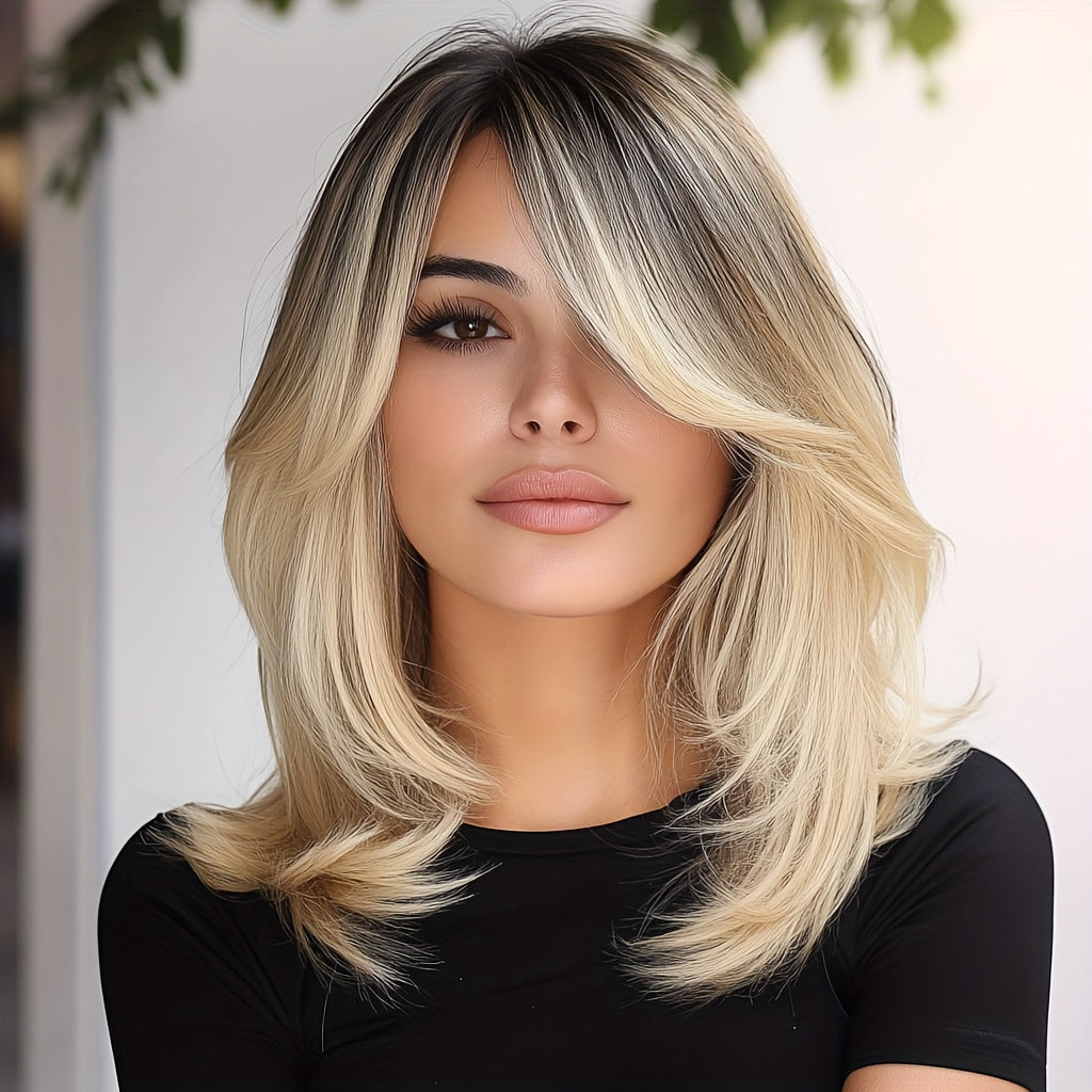 Rose Silk Mesh Wig Headpiece - Layered Bangs, Blonde Mechanism, Chemical Fiber, High Temperature, Matte Finish, Fashionable