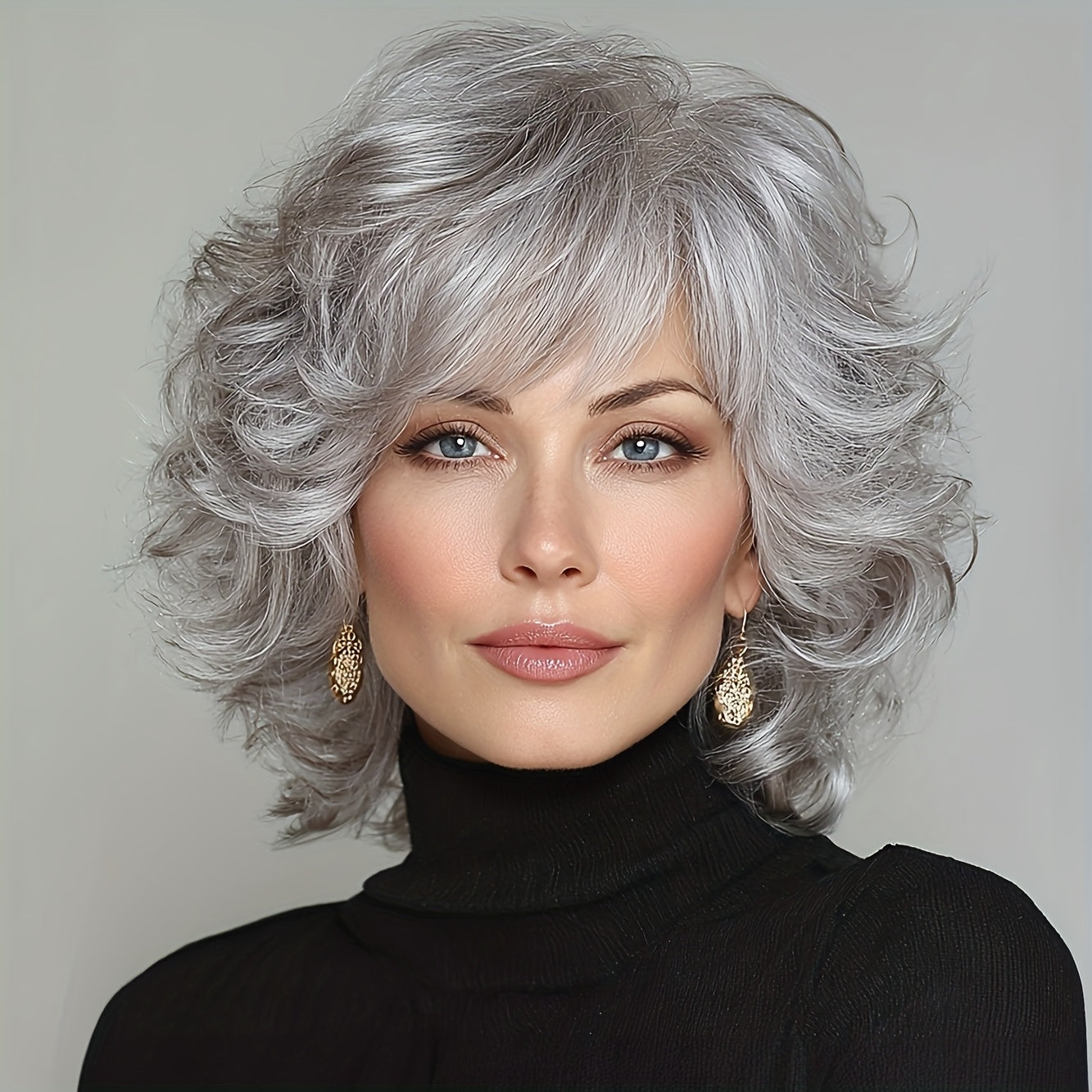 12-inch Women's Elegant Gray Bangs Curly Wig with High-Temperature Synthetic Fiber & Rose Net - Body Gray Hair Suitable for Cosplay, Parties, Daily Wear - -Resistant Wig for Skin Tones & Occasions