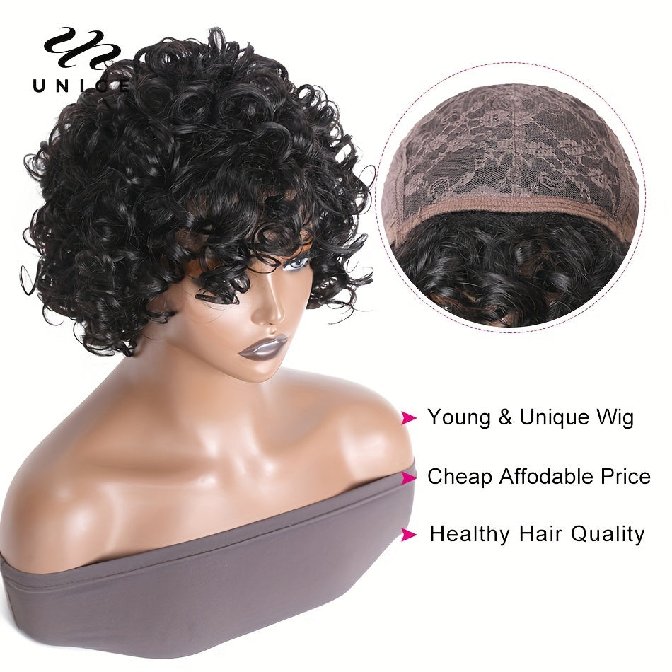 Unice Hair Short Loose Curly Pixie Cut Bob Wig with Bouncy Waves & Fluffy Curls - Density Brazilian Human Hair Wigs for Women & Men, Natural Volume & Texture, Unisex Short Hairstyle for Daily & Special Occasions (Rose Net Cap)
