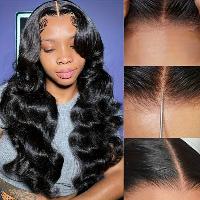A 4X4 Glueless Body Wave Human Hair Wig Featuring 250% HD Lace, Designed As a Full Cuticle Wavy Lace Frontal Wig. It Includes Full Edges, a Side Part, And Is Suitable for Women, Complete with Baby Hair And a Pre-Plucked Hairline