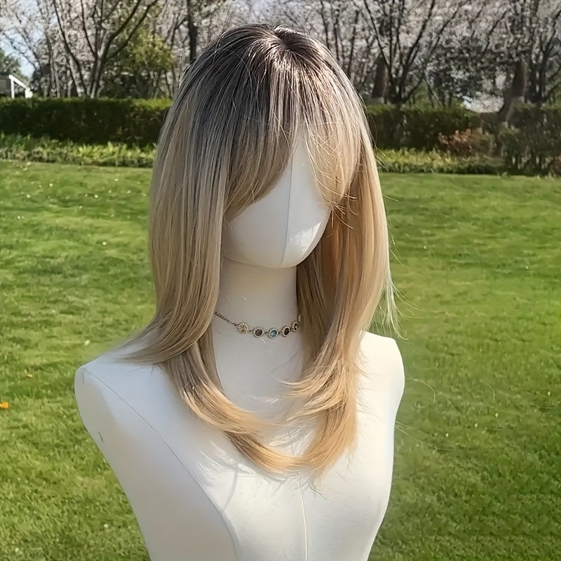 20 Inches Ladies Gradient Platinum Blonde Layered Chemical Fiber Wig, Daily Travel, Party, Easter, Music Festival And Other Various Occasions to Wear, Free Hairnet