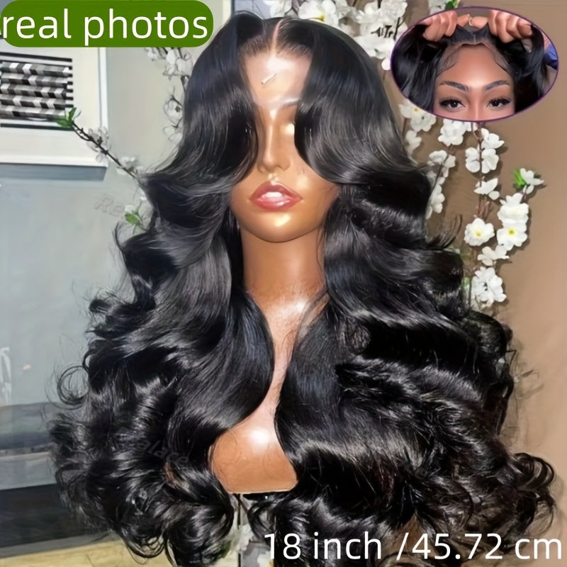 A 4X4 Glueless Body Wave Human Hair Wig Featuring 250% HD Lace, Designed As a Full Cuticle Wavy Lace Frontal Wig. It Includes Full Edges, a Side Part, And Is Suitable for Women, Complete with Baby Hair And a Pre-Plucked Hairline