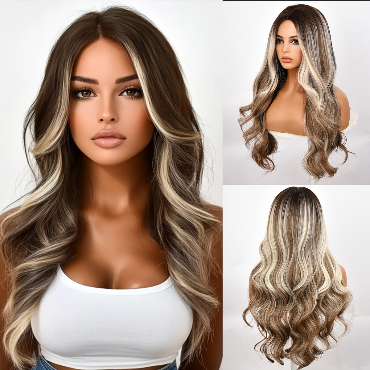 Synthetic Wigs for Women, Shoulder-length, with A Water Wave Style. It Has Brown Highlights. The Roots Of The Hair Are Brown, And The Middle Part Of The Hair Is In A Loose Curly Wave Shape. The Length Of The Wig Is 30 Inches, Suitable for Beginners.