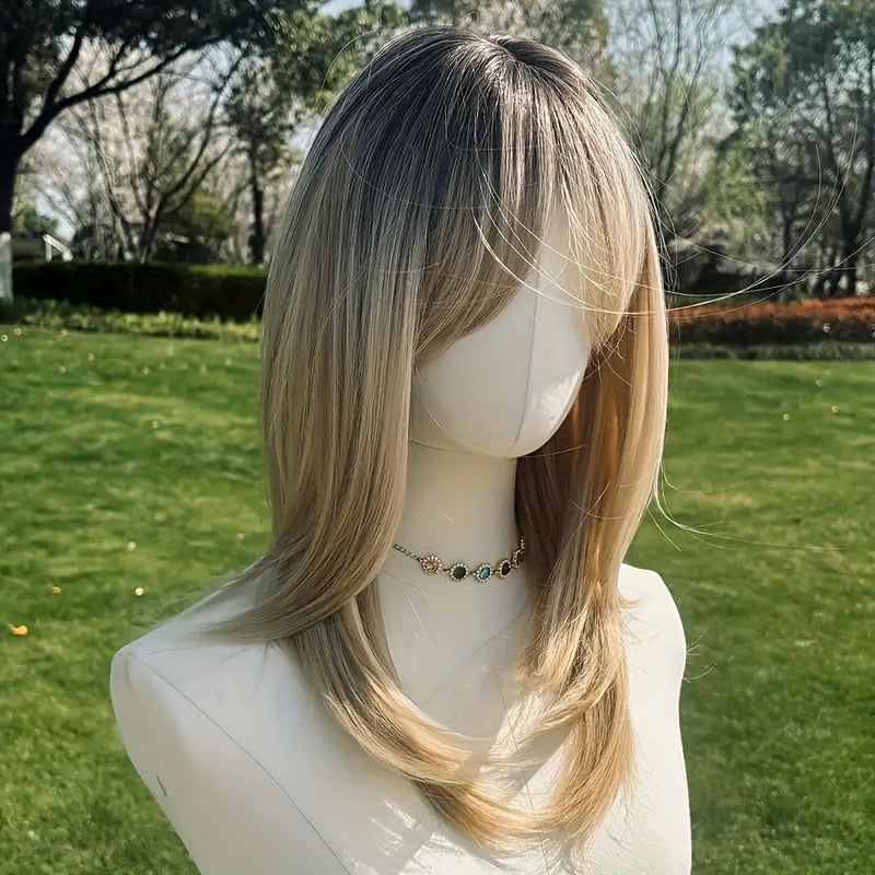 20 Inches Ladies Gradient Platinum Blonde Layered Chemical Fiber Wig, Daily Travel, Party, Easter, Music Festival And Other Various Occasions to Wear, Free Hairnet