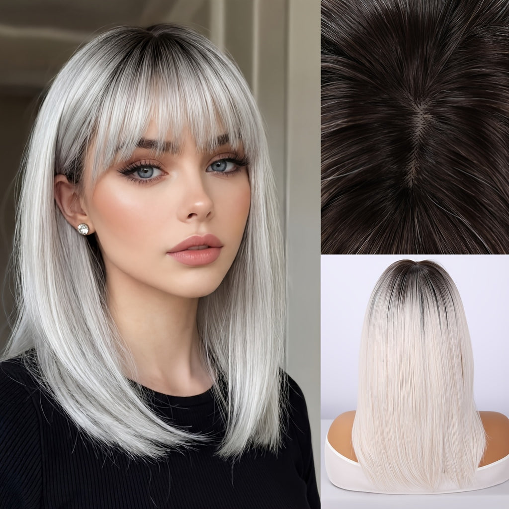 18 Inch Women'S Fashion Medium-Long Synthetic Wig with Bangs | Heat Resistant Adjustable Rose Net Cap, Perfect for All Occasions, High Temperature Fiber, Straight Hair, Brand: SMILCO