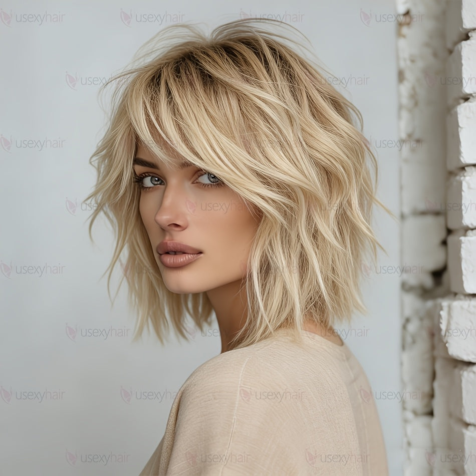 USEXY Women's 613 Blonde Short Straight Mullet Wig with Bangs - 180% Density Human Hair Suitable for Instant Volume & Fullness, Rose Net, Wolf Haircut Hairstyle for Daily Wear, Parties, Valentine's Day, Straight Hair for Skin Tones