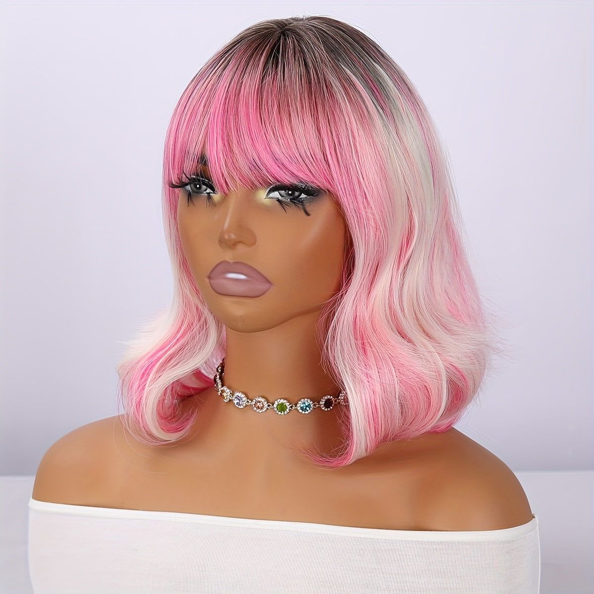 14 Inches, Short Pink Gradient Dyeing Bob Hair, Straight Bangs, Comfortable And Breathable, Women'S Wig, High Temperature Fiber, Suitable for Daily\u002F Wear
