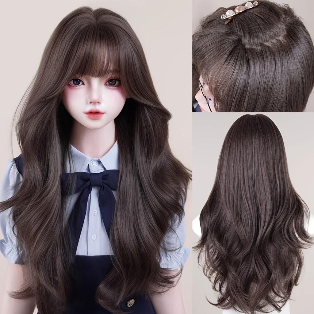 1pc Elegant Curly Wavy Wig for Women, 30 Inch Long Synthetic Hair with Hair, High Density 150% Rose Mesh Cap, Heat Resistant Fiber, Dark Brown, Suitable for Everyday and Party Wear