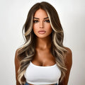 Synthetic Wigs for Women, Shoulder-length, with A Water Wave Style. It Has Brown Highlights. The Roots Of The Hair Are Brown, And The Middle Part Of The Hair Is In A Loose Curly Wave Shape. The Length Of The Wig Is 30 Inches, Suitable for Beginners.