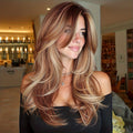 24-inch Women's Ombre Wig with Bangs - Coffee Brown to Lighter Brown\u002FBlonde Layers, Curly Wave Synthetic Hair Suitable for Daily Wear, Parties, Cosplay & Special Events - Volume & Length