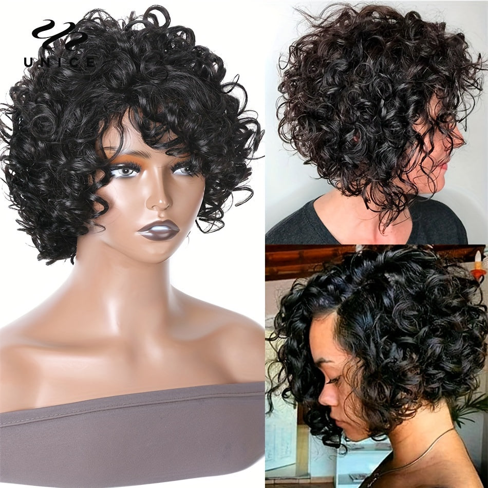 Unice Hair Short Loose Curly Pixie Cut Bob Wig with Bouncy Waves & Fluffy Curls - Density Brazilian Human Hair Wigs for Women & Men, Natural Volume & Texture, Unisex Short Hairstyle for Daily & Special Occasions (Rose Net Cap)