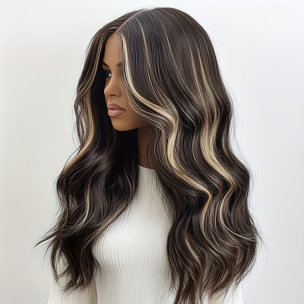 Synthetic Wigs for Women, Shoulder-length, with A Water Wave Style. It Has Brown Highlights. The Roots Of The Hair Are Brown, And The Middle Part Of The Hair Is In A Loose Curly Wave Shape. The Length Of The Wig Is 30 Inches, Suitable for Beginners.