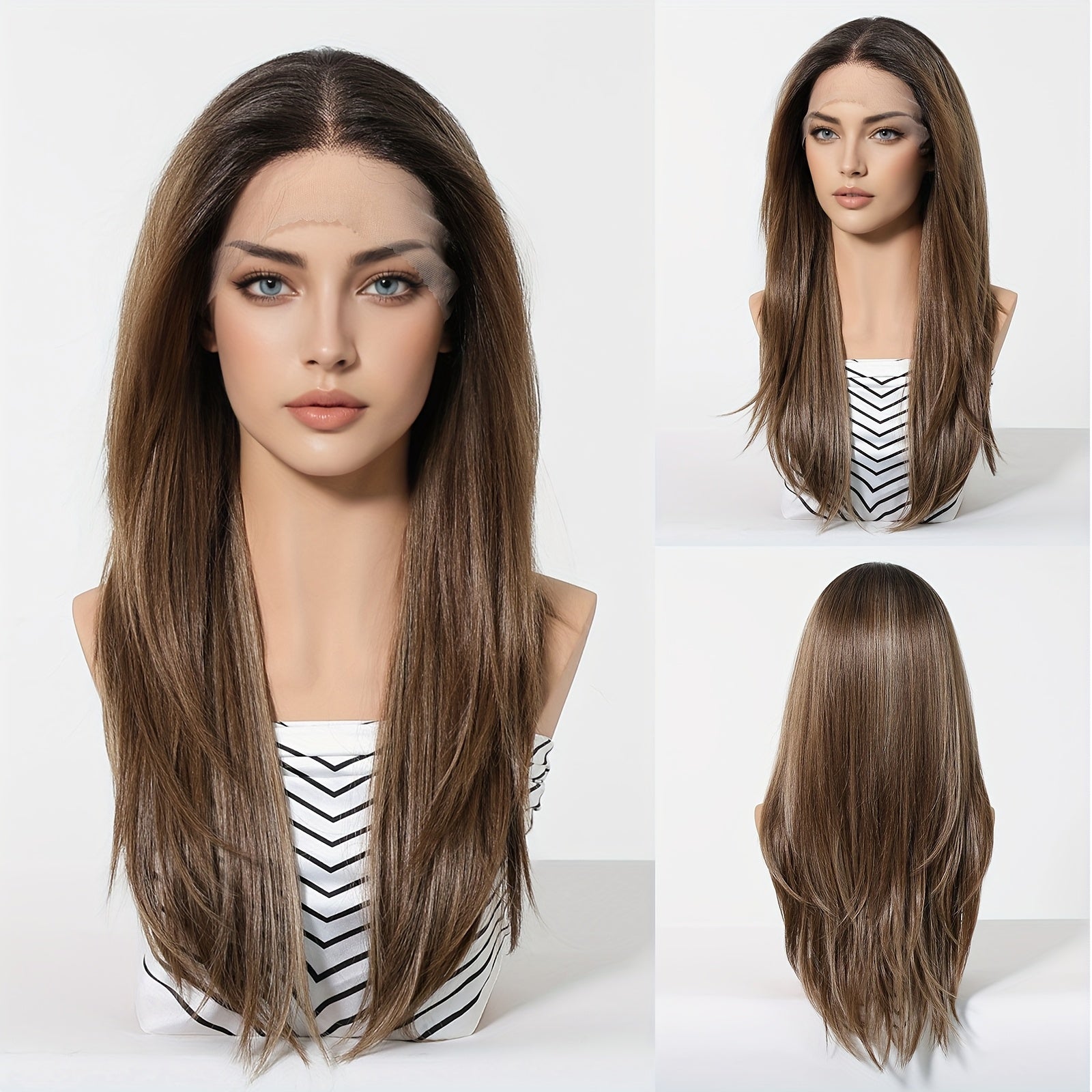 13x6 HD Transparent Lace Front Wig 22Inch Brown Color Straight Hair Synthetic Lace Wig Glueless Lace Wig High Temperature Chemical Fiber Daily Wear&Christmas&Music Festival&Party-Natural Look & Comfort Fit