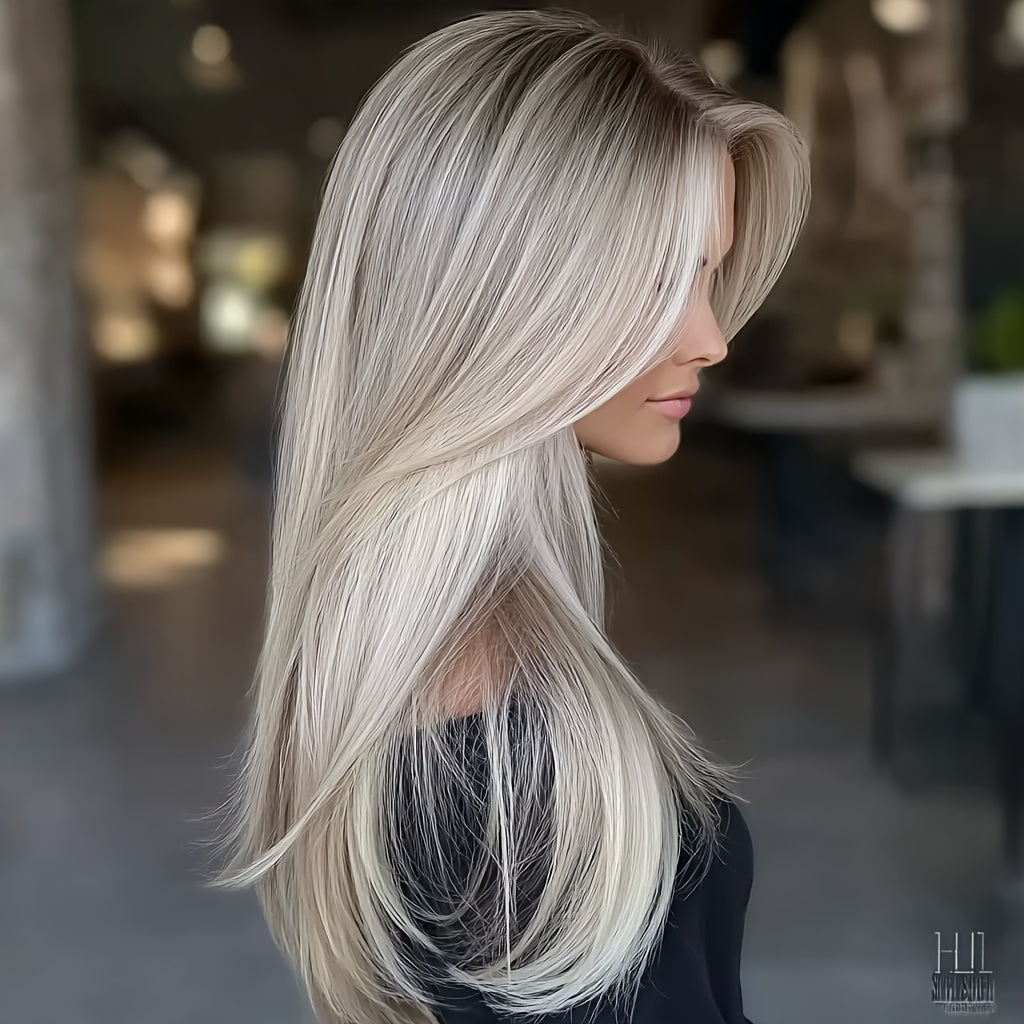 22-Inch Ombre Platinum Blonde Wig for Women - Heat-Resistant Synthetic Hair, & Lightweight, Straight Style, Rose Net Cap, Perfect for TikTok, Instagram