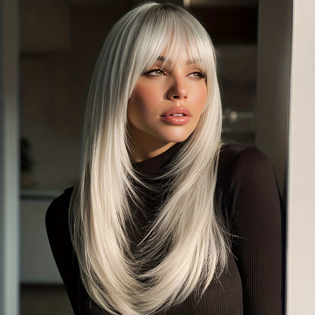 20 Inches Ladies Gradient Platinum Blonde Layered Chemical Fiber Wig, Daily Travel, Party, Easter, Music Festival And Other Various Occasions to Wear, Free Hairnet