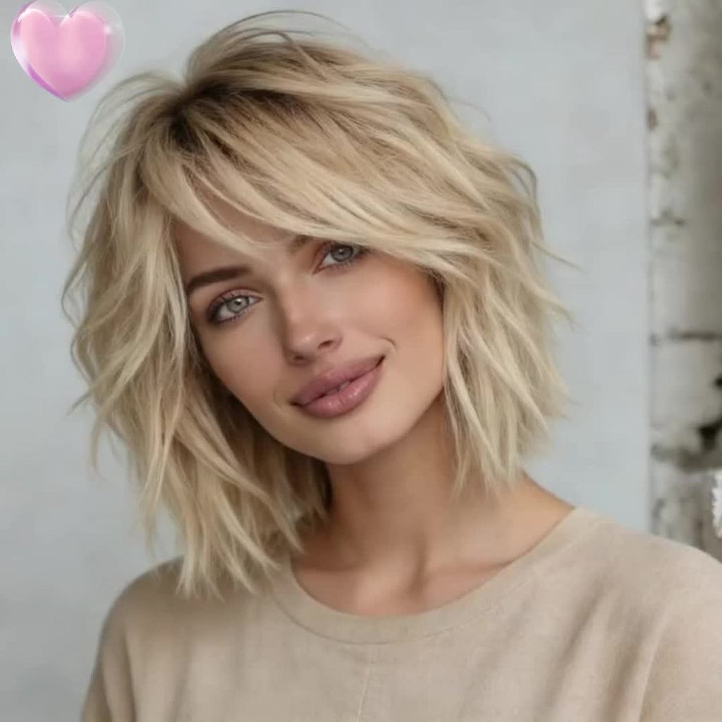 USEXY Women's 613 Blonde Short Straight Mullet Wig with Bangs - 180% Density Human Hair Suitable for Instant Volume & Fullness, Rose Net, Wolf Haircut Hairstyle for Daily Wear, Parties, Valentine's Day, Straight Hair for Skin Tones