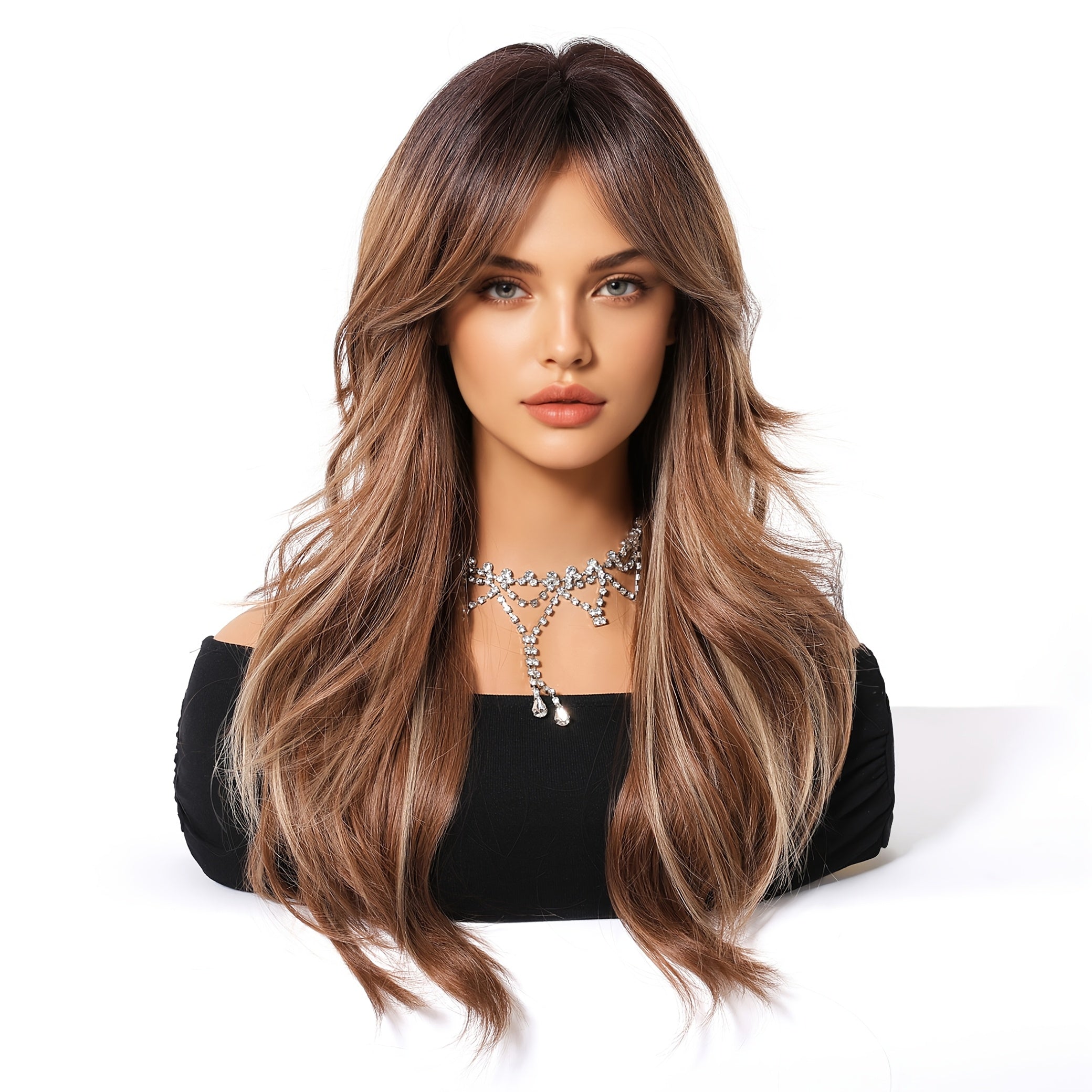 24-inch Women's Ombre Wig with Bangs - Coffee Brown to Lighter Brown\u002FBlonde Layers, Curly Wave Synthetic Hair Suitable for Daily Wear, Parties, Cosplay & Special Events - Volume & Length