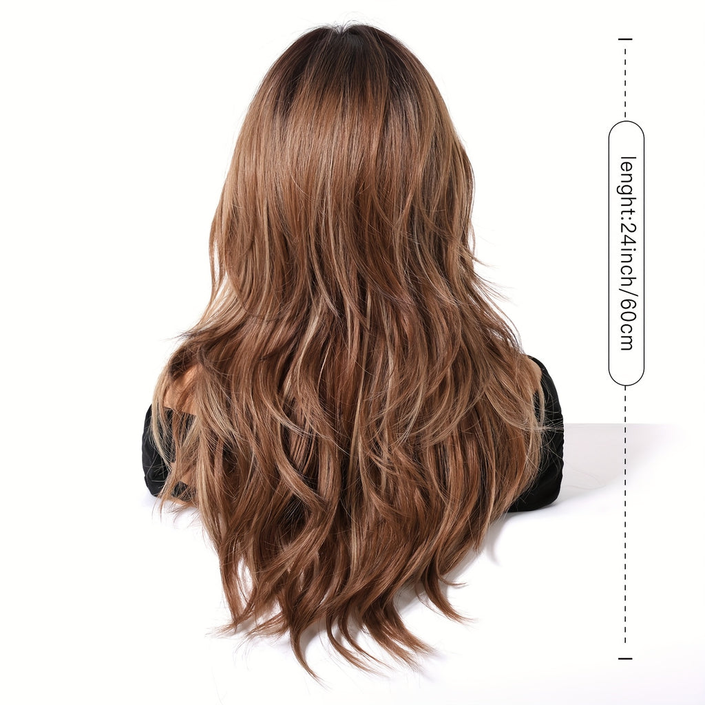 24-inch Women's Ombre Wig with Bangs - Coffee Brown to Lighter Brown\u002FBlonde Layers, Curly Wave Synthetic Hair Suitable for Daily Wear, Parties, Cosplay & Special Events - Volume & Length