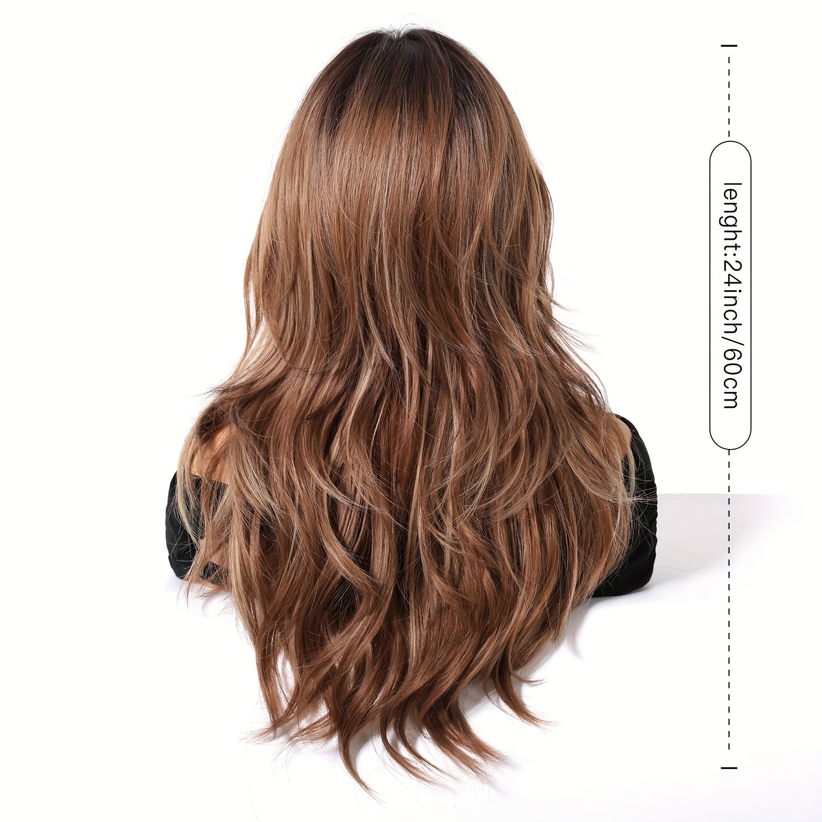 24-inch Women's Ombre Wig with Bangs - Coffee Brown to Lighter Brown\u002FBlonde Layers, Curly Wave Synthetic Hair Suitable for Daily Wear, Parties, Cosplay & Special Events - Volume & Length