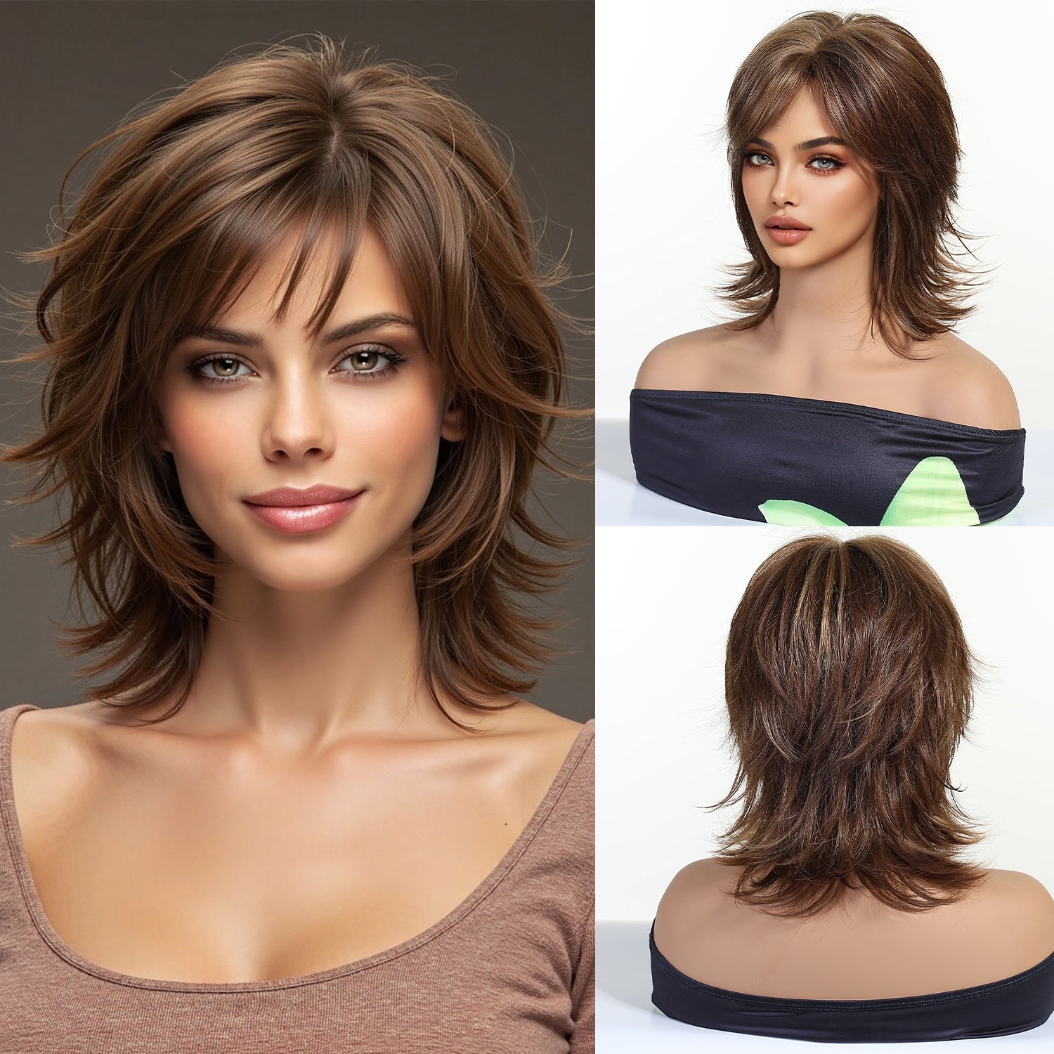 12-Inch Brown Mullet Short Wig with Bangs - Synthetic Fiber Rose Net Hair Suitable for Cosplay, Parties, Christmas Events - -Looking Short Cut & -Resistant Wig