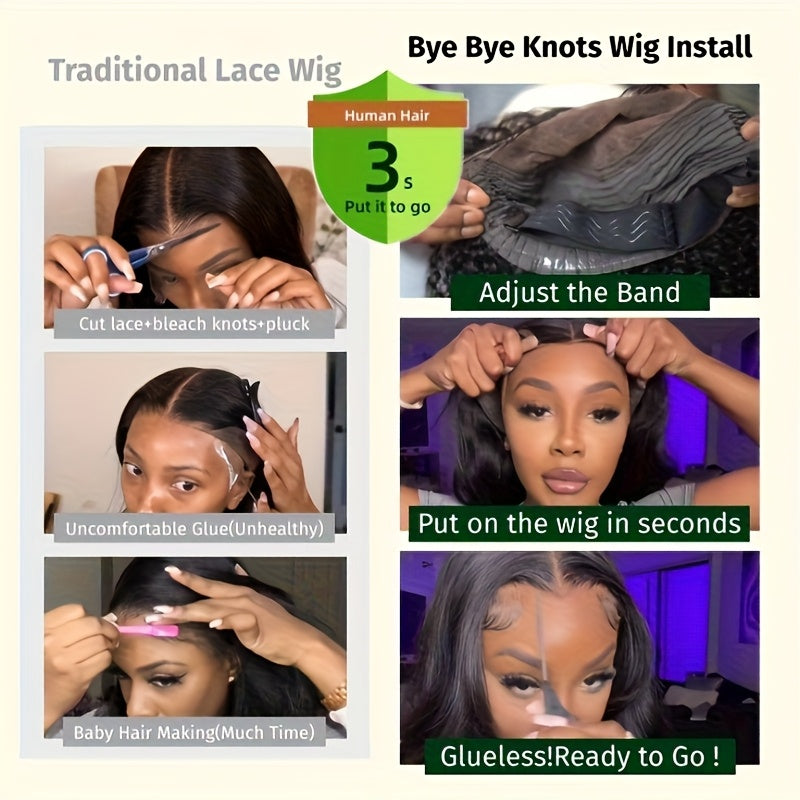 A 4X4 Glueless Body Wave Human Hair Wig Featuring 250% HD Lace, Designed As a Full Cuticle Wavy Lace Frontal Wig. It Includes Full Edges, a Side Part, And Is Suitable for Women, Complete with Baby Hair And a Pre-Plucked Hairline
