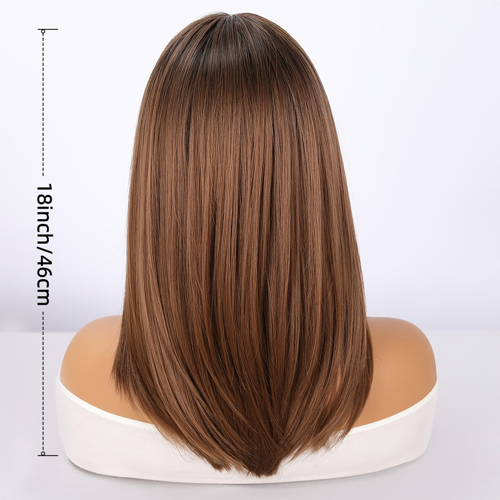 18 Inch Women'S Fashion Medium-Long Synthetic Wig with Bangs | Heat Resistant Adjustable Rose Net Cap, Perfect for All Occasions, High Temperature Fiber, Straight Hair, Brand: SMILCO