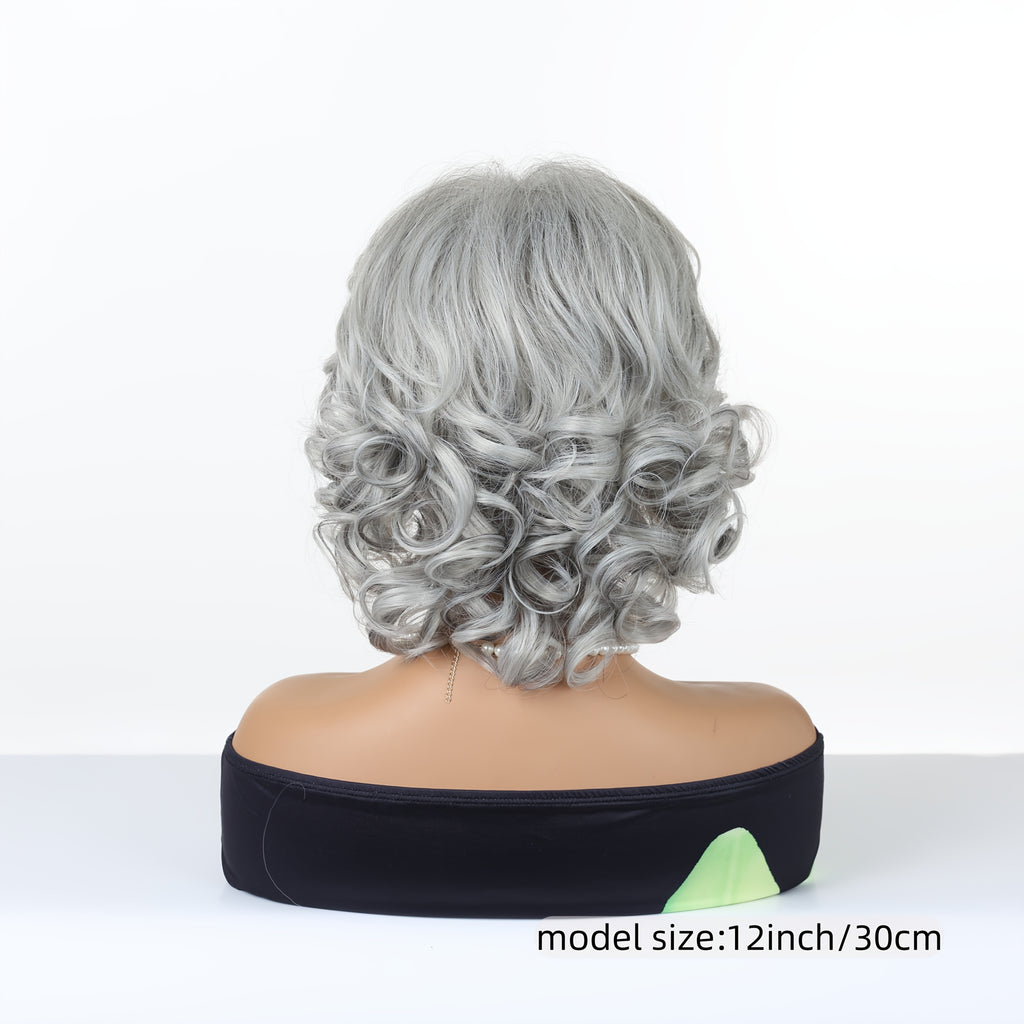12-inch Women's Elegant Gray Bangs Curly Wig with High-Temperature Synthetic Fiber & Rose Net - Body Gray Hair Suitable for Cosplay, Parties, Daily Wear - -Resistant Wig for Skin Tones & Occasions