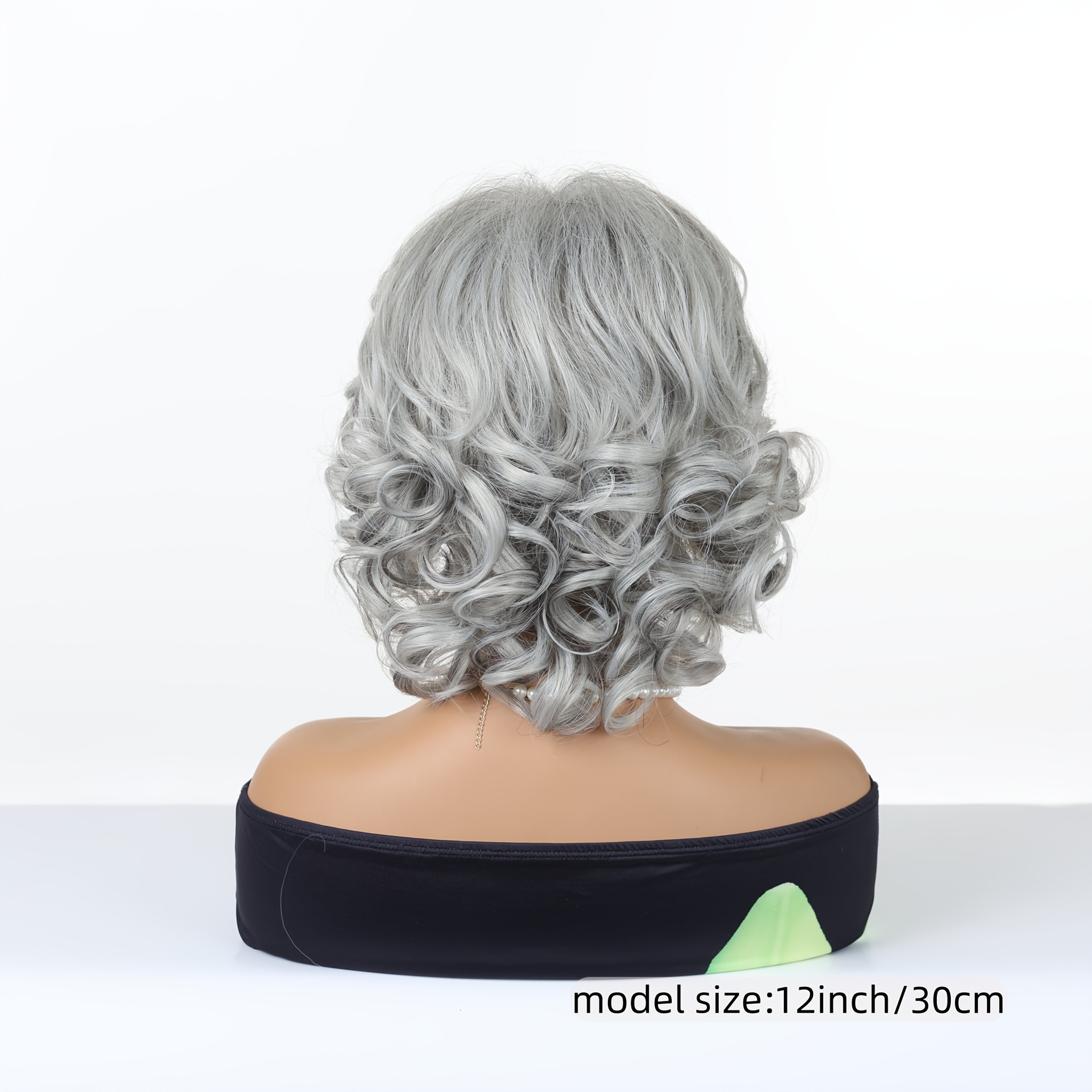 12-inch Women's Elegant Gray Bangs Curly Wig with High-Temperature Synthetic Fiber & Rose Net - Body Gray Hair Suitable for Cosplay, Parties, Daily Wear - -Resistant Wig for Skin Tones & Occasions