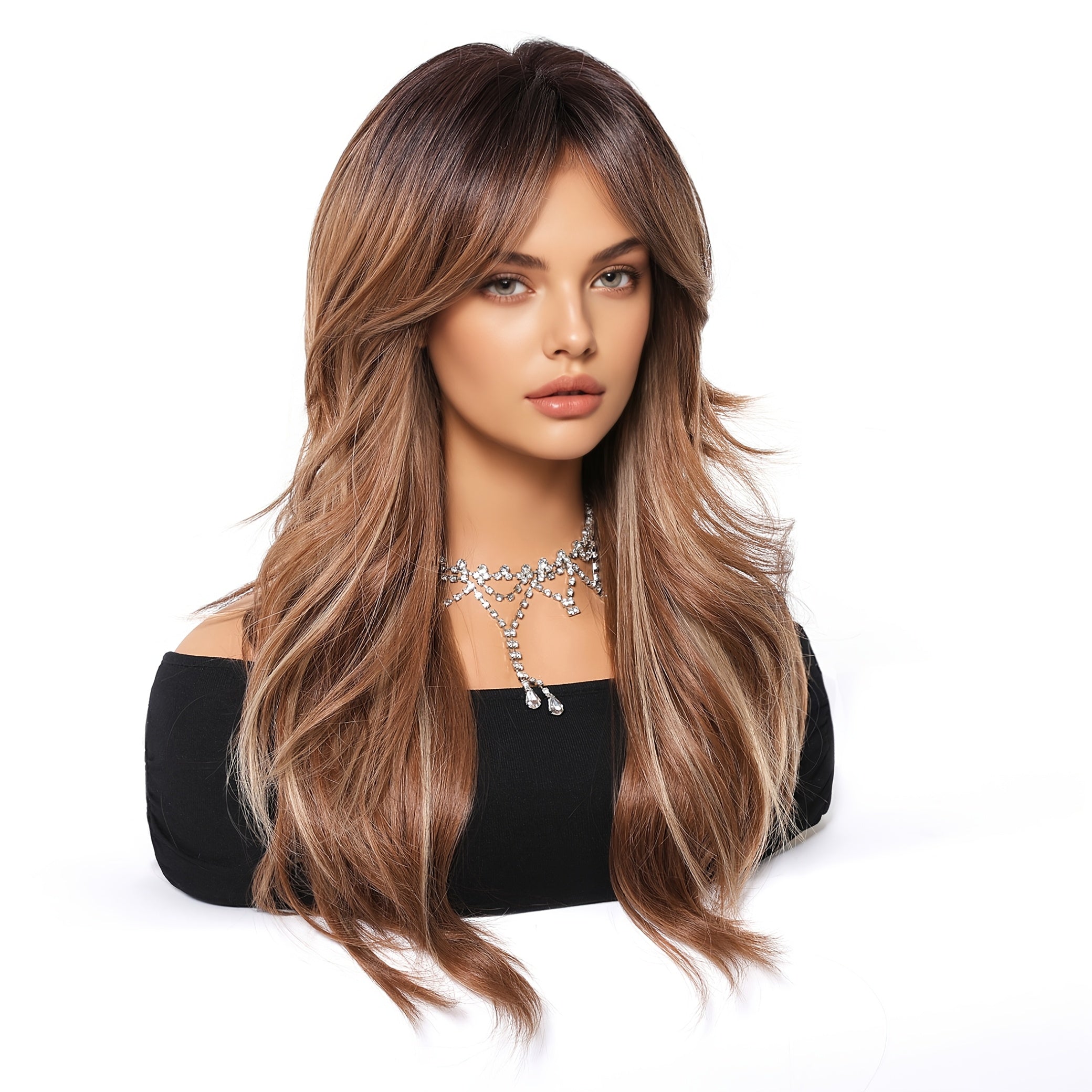 24-inch Women's Ombre Wig with Bangs - Coffee Brown to Lighter Brown\u002FBlonde Layers, Curly Wave Synthetic Hair Suitable for Daily Wear, Parties, Cosplay & Special Events - Volume & Length