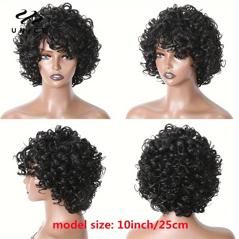 Unice Hair Short Loose Curly Pixie Cut Bob Wig with Bouncy Waves & Fluffy Curls - Density Brazilian Human Hair Wigs for Women & Men, Natural Volume & Texture, Unisex Short Hairstyle for Daily & Special Occasions (Rose Net Cap)