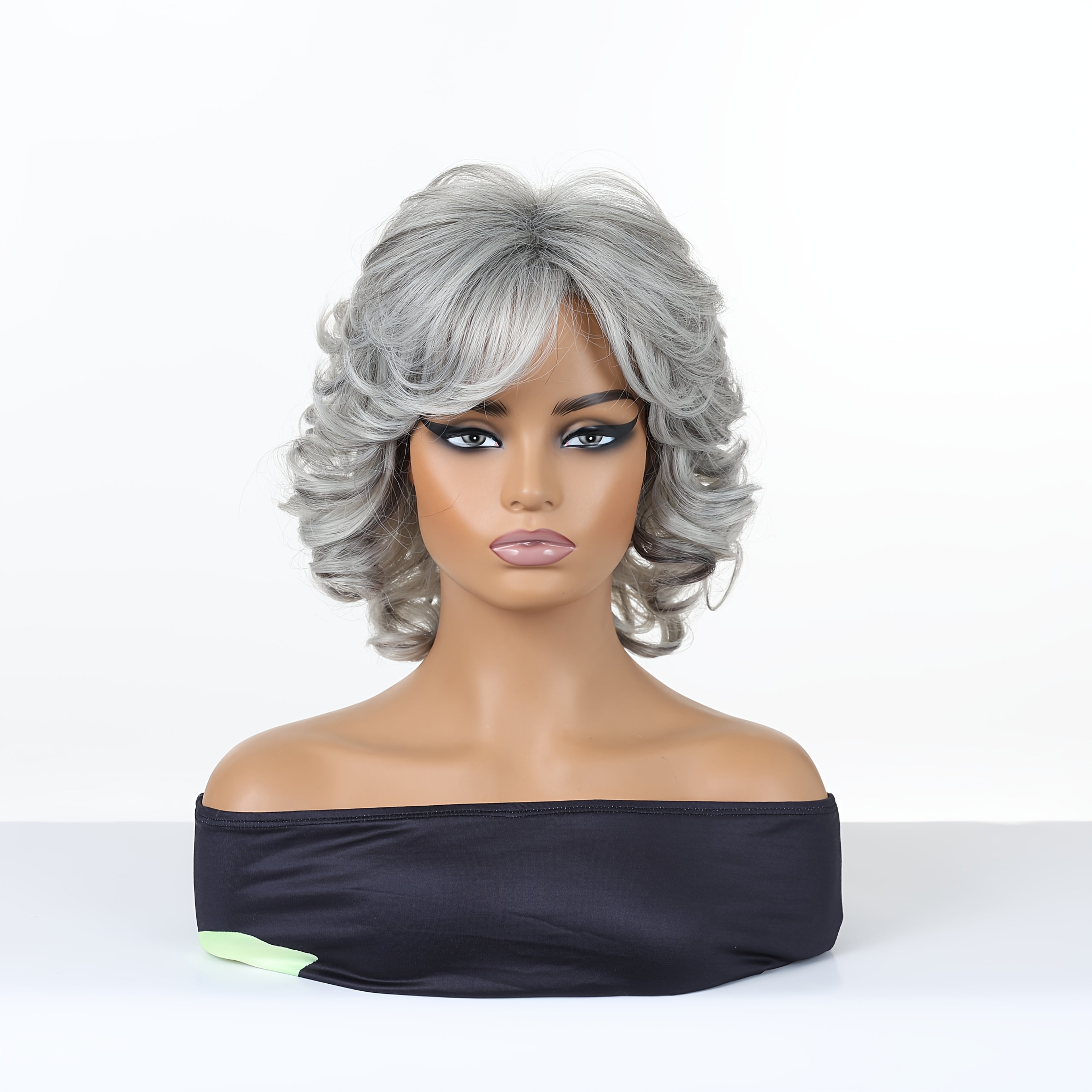 12-inch Women's Elegant Gray Bangs Curly Wig with High-Temperature Synthetic Fiber & Rose Net - Body Gray Hair Suitable for Cosplay, Parties, Daily Wear - -Resistant Wig for Skin Tones & Occasions