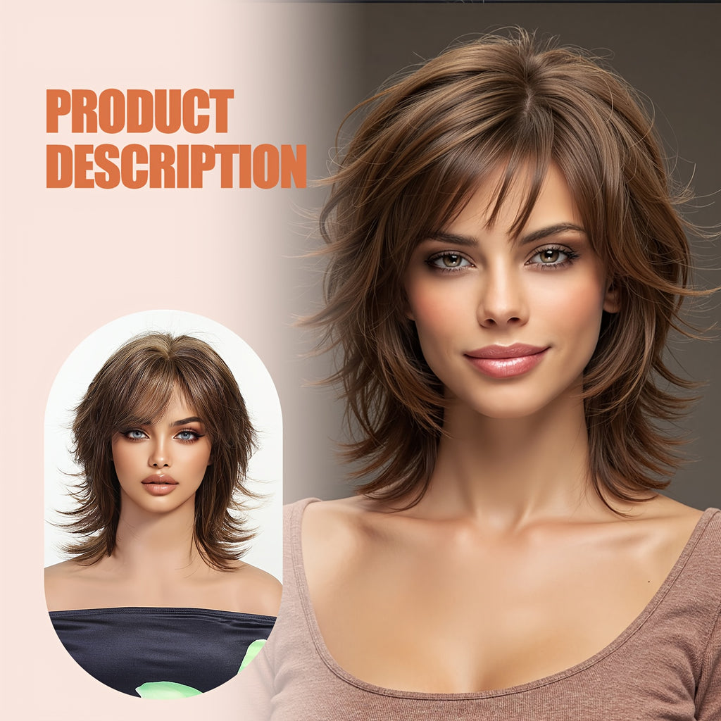 12-Inch Brown Mullet Short Wig with Bangs - Synthetic Fiber Rose Net Hair Suitable for Cosplay, Parties, Christmas Events - -Looking Short Cut & -Resistant Wig