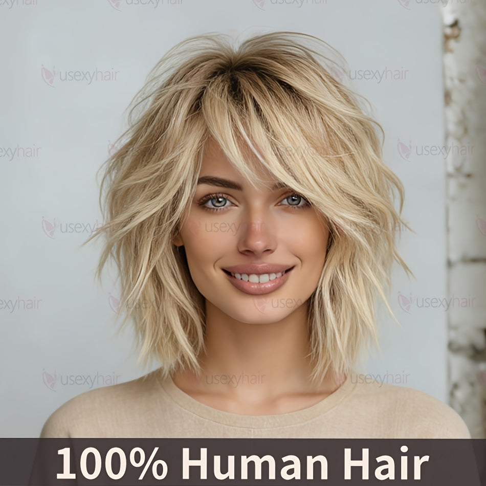 USEXY Women's 613 Blonde Short Straight Mullet Wig with Bangs - 180% Density Human Hair Suitable for Instant Volume & Fullness, Rose Net, Wolf Haircut Hairstyle for Daily Wear, Parties, Valentine's Day, Straight Hair for Skin Tones