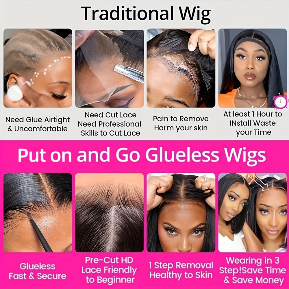 Wigs for Women Made from Human Hair, Featuring a Glueless Straight Bob Design with 4X4 HD Lace And 250% Density. These Wigs Are Easy to Wear, Pre-Plucked, And Pre-Cut, Perfect for Daily Use, Parties, Music Festivals