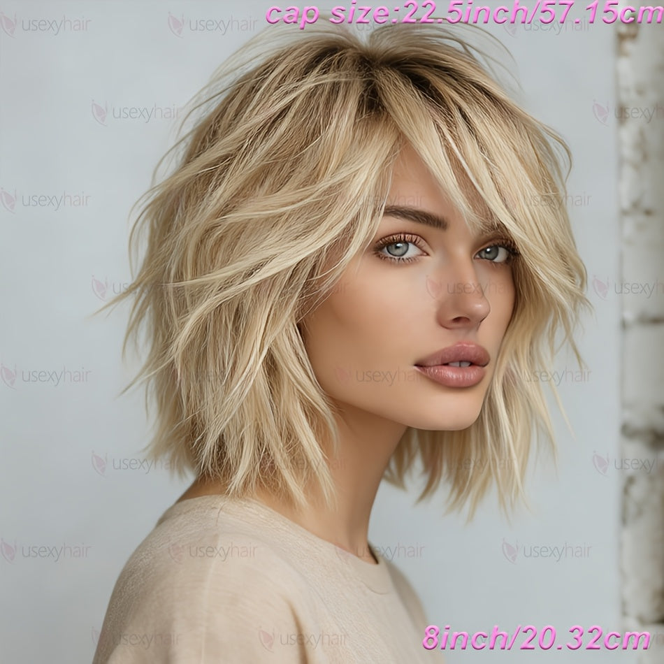 USEXY Women's 613 Blonde Short Straight Mullet Wig with Bangs - 180% Density Human Hair Suitable for Instant Volume & Fullness, Rose Net, Wolf Haircut Hairstyle for Daily Wear, Parties, Valentine's Day, Straight Hair for Skin Tones