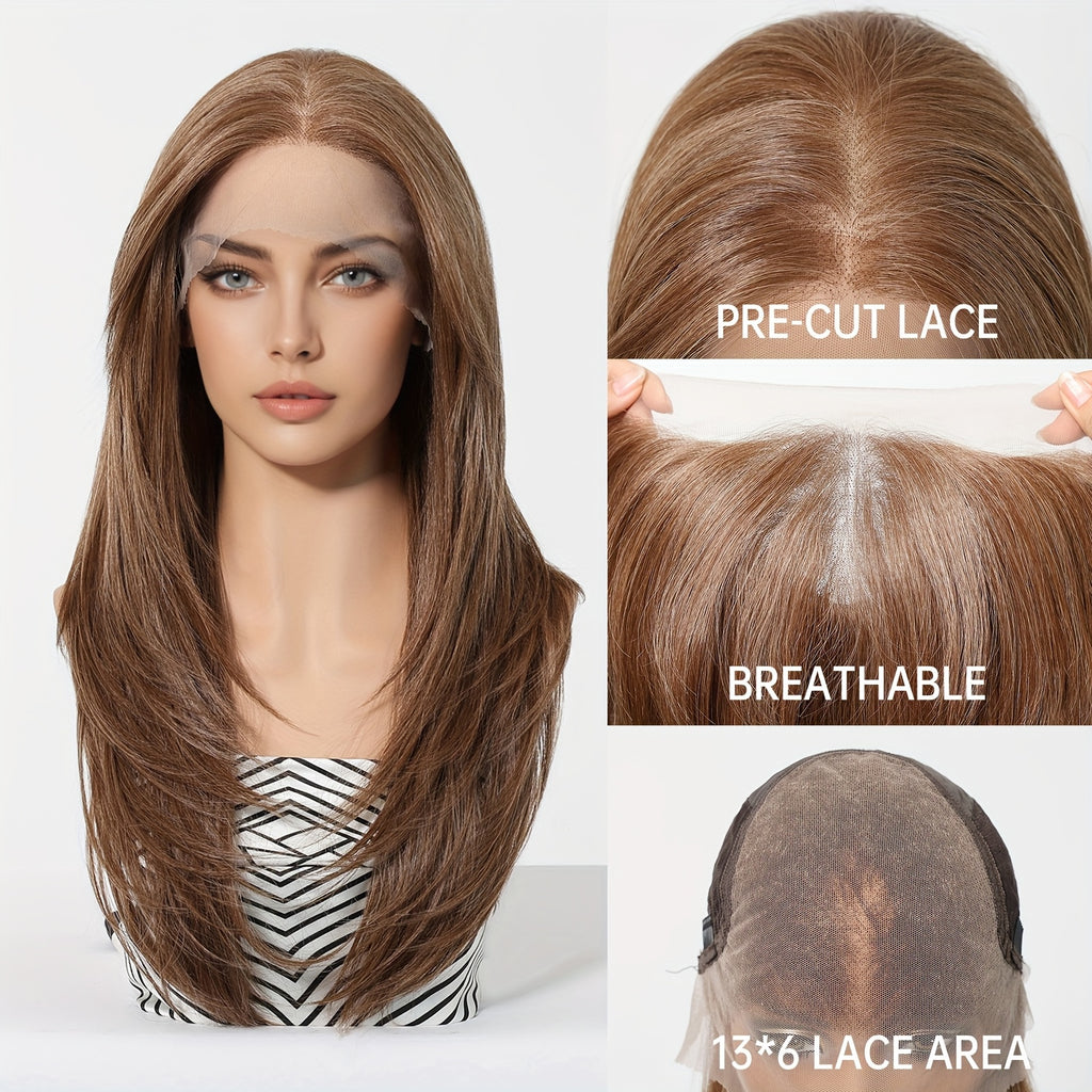 13x6 HD Transparent Lace Front Wig 22Inch Brown Color Straight Hair Synthetic Lace Wig Glueless Lace Wig High Temperature Chemical Fiber Daily Wear&Christmas&Music Festival&Party-Natural Look & Comfort Fit