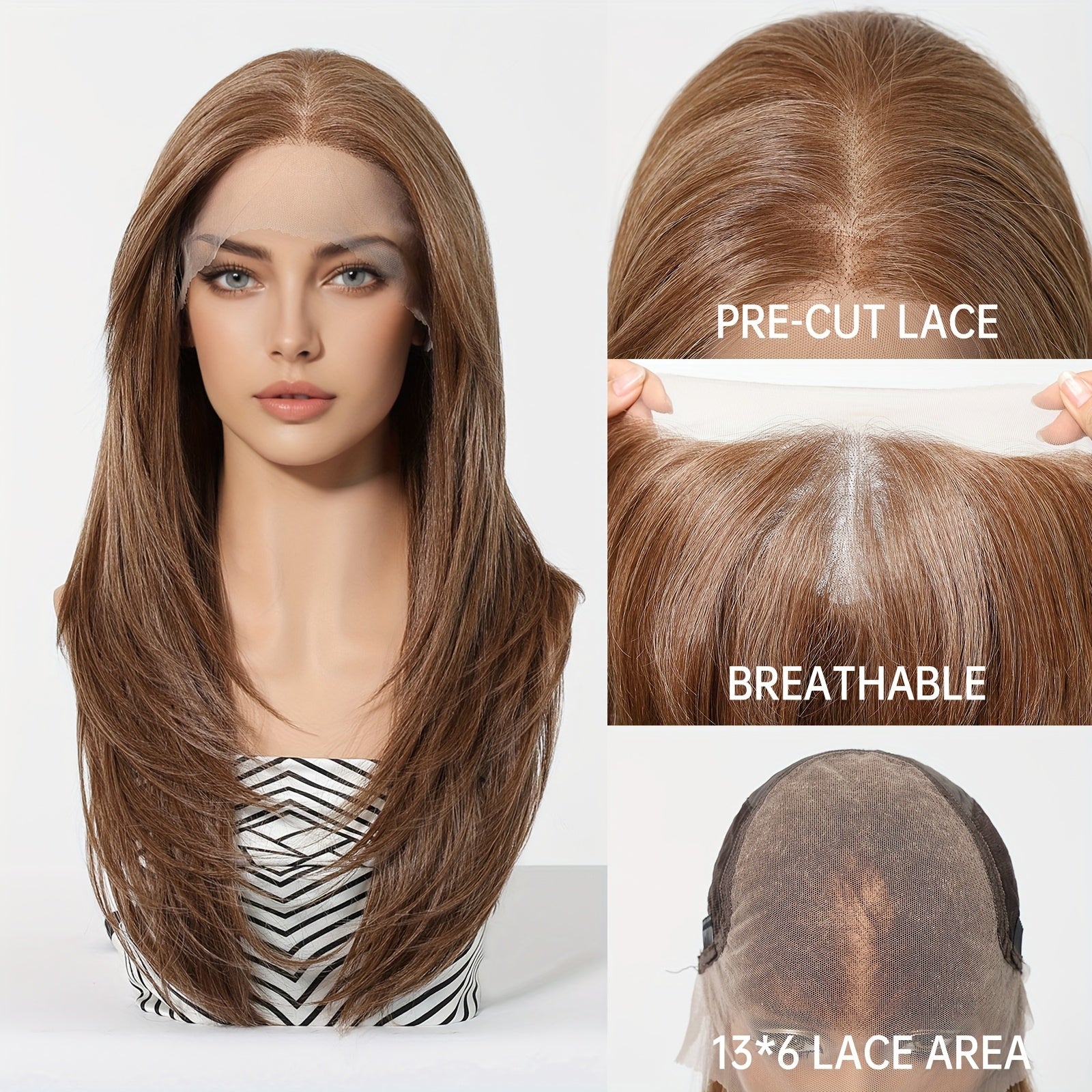 13x6 HD Transparent Lace Front Wig 22Inch Brown Color Straight Hair Synthetic Lace Wig Glueless Lace Wig High Temperature Chemical Fiber Daily Wear&Christmas&Music Festival&Party-Natural Look & Comfort Fit