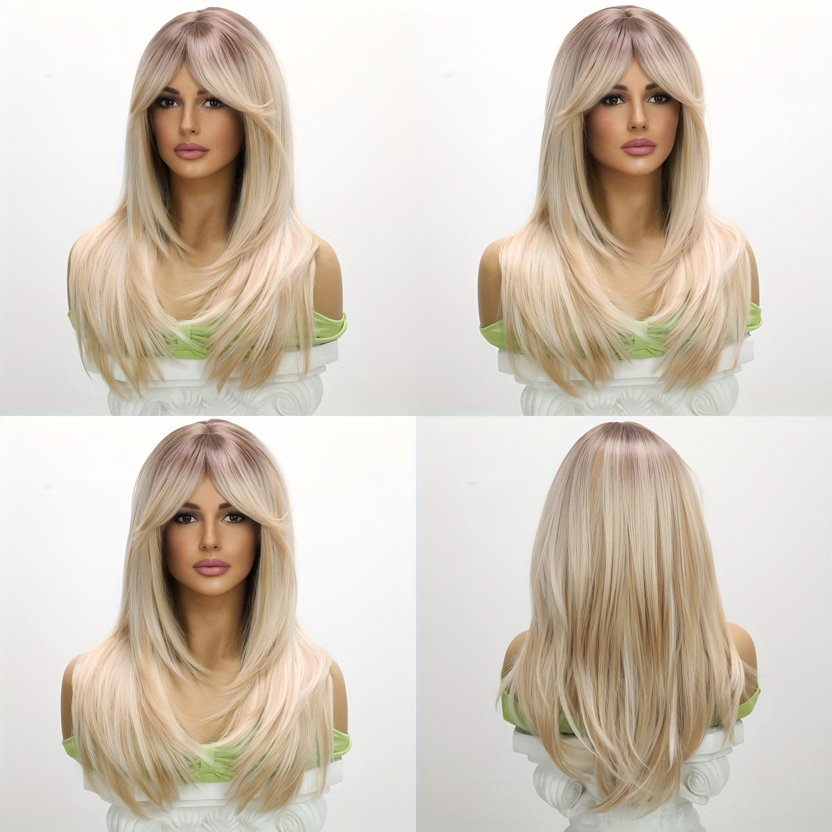 22-Inch Ombre Platinum Blonde Wig for Women - Heat-Resistant Synthetic Hair, & Lightweight, Straight Style, Rose Net Cap, Perfect for TikTok, Instagram