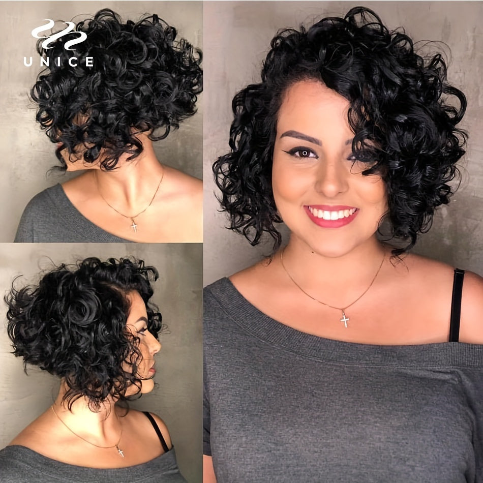 Unice Hair Short Loose Curly Pixie Cut Bob Wig with Bouncy Waves & Fluffy Curls - Density Brazilian Human Hair Wigs for Women & Men, Natural Volume & Texture, Unisex Short Hairstyle for Daily & Special Occasions (Rose Net Cap)