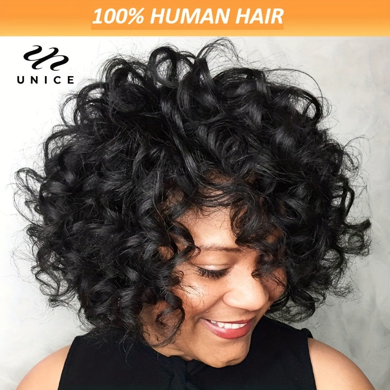 Unice Hair Short Loose Curly Pixie Cut Bob Wig with Bouncy Waves & Fluffy Curls - Density Brazilian Human Hair Wigs for Women & Men, Natural Volume & Texture, Unisex Short Hairstyle for Daily & Special Occasions (Rose Net Cap)