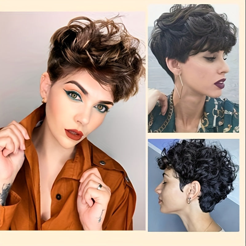 Short Wigs for Short Curly Pixie Cut Wigs with Bangs Pixie Wig Fluffy Heat Resistant Synthetic Fiber Wigs Natural Daily Full Machine Hair Replacement Wigs
