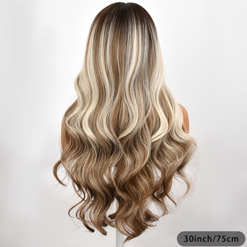 Synthetic Wigs for Women, Shoulder-length, with A Water Wave Style. It Has Brown Highlights. The Roots Of The Hair Are Brown, And The Middle Part Of The Hair Is In A Loose Curly Wave Shape. The Length Of The Wig Is 30 Inches, Suitable for Beginners.