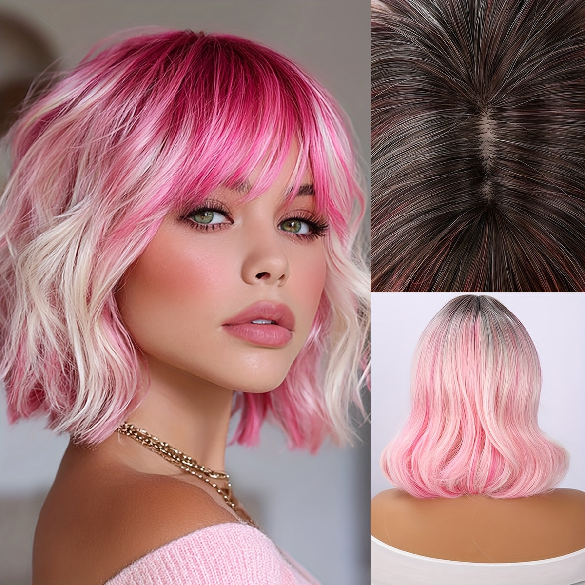 14 Inches, Short Pink Gradient Dyeing Bob Hair, Straight Bangs, Comfortable And Breathable, Women'S Wig, High Temperature Fiber, Suitable for Daily\u002F Wear