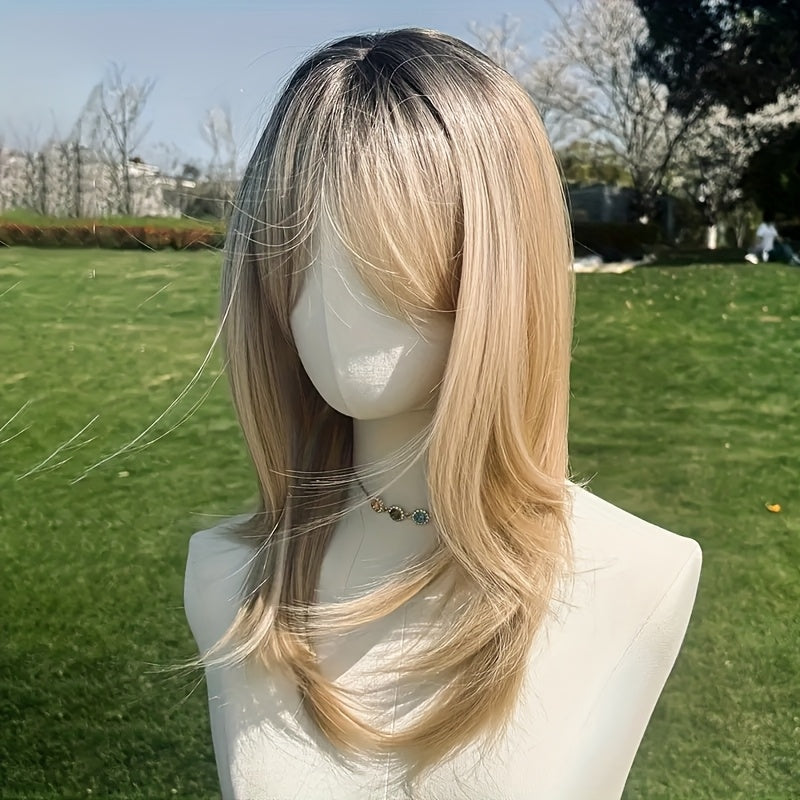 20 Inches Ladies Gradient Platinum Blonde Layered Chemical Fiber Wig, Daily Travel, Party, Easter, Music Festival And Other Various Occasions to Wear, Free Hairnet